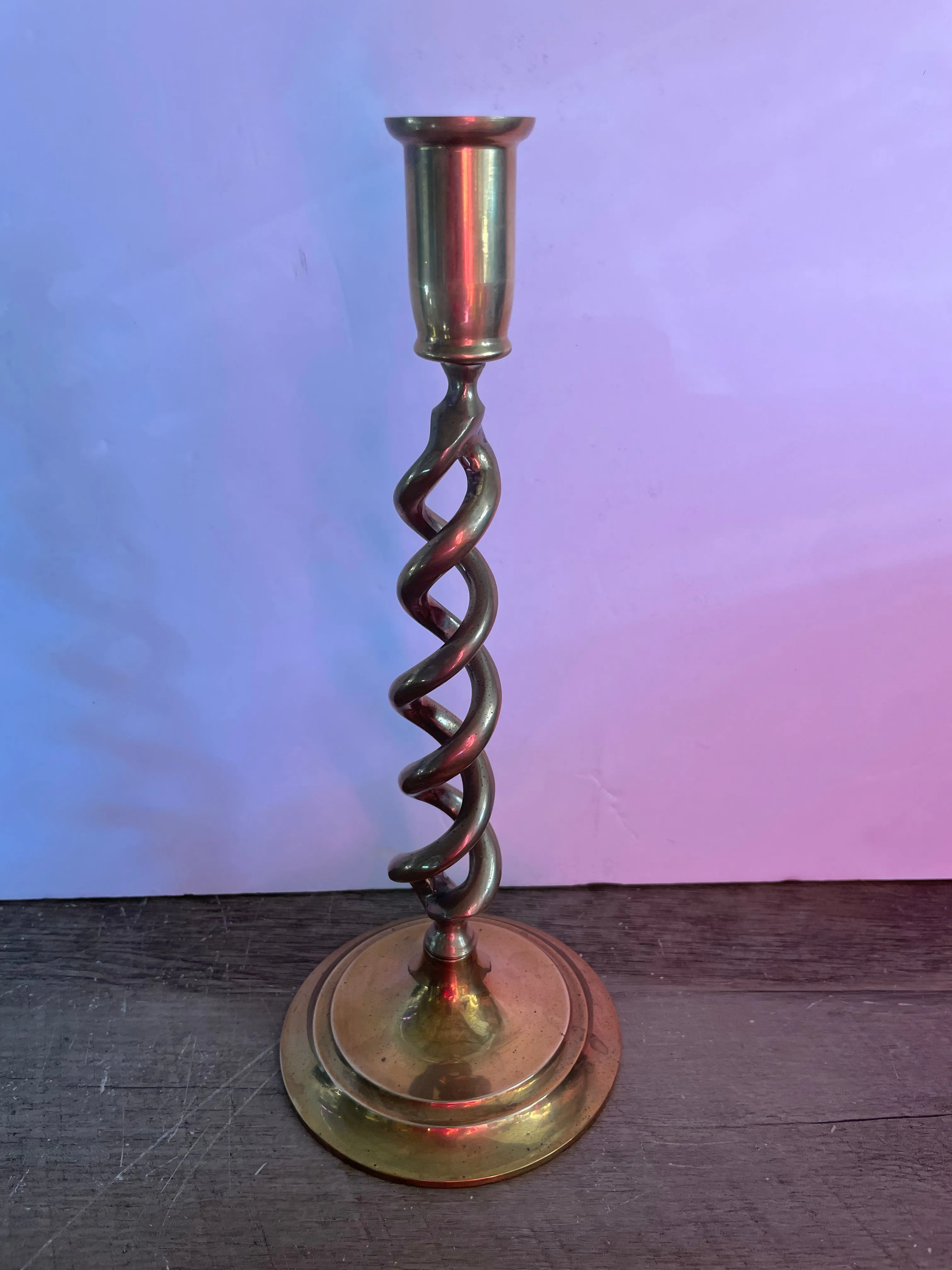 ~ Single Gold Brass Taper Candlestick Candleholder Twisted Strands Design