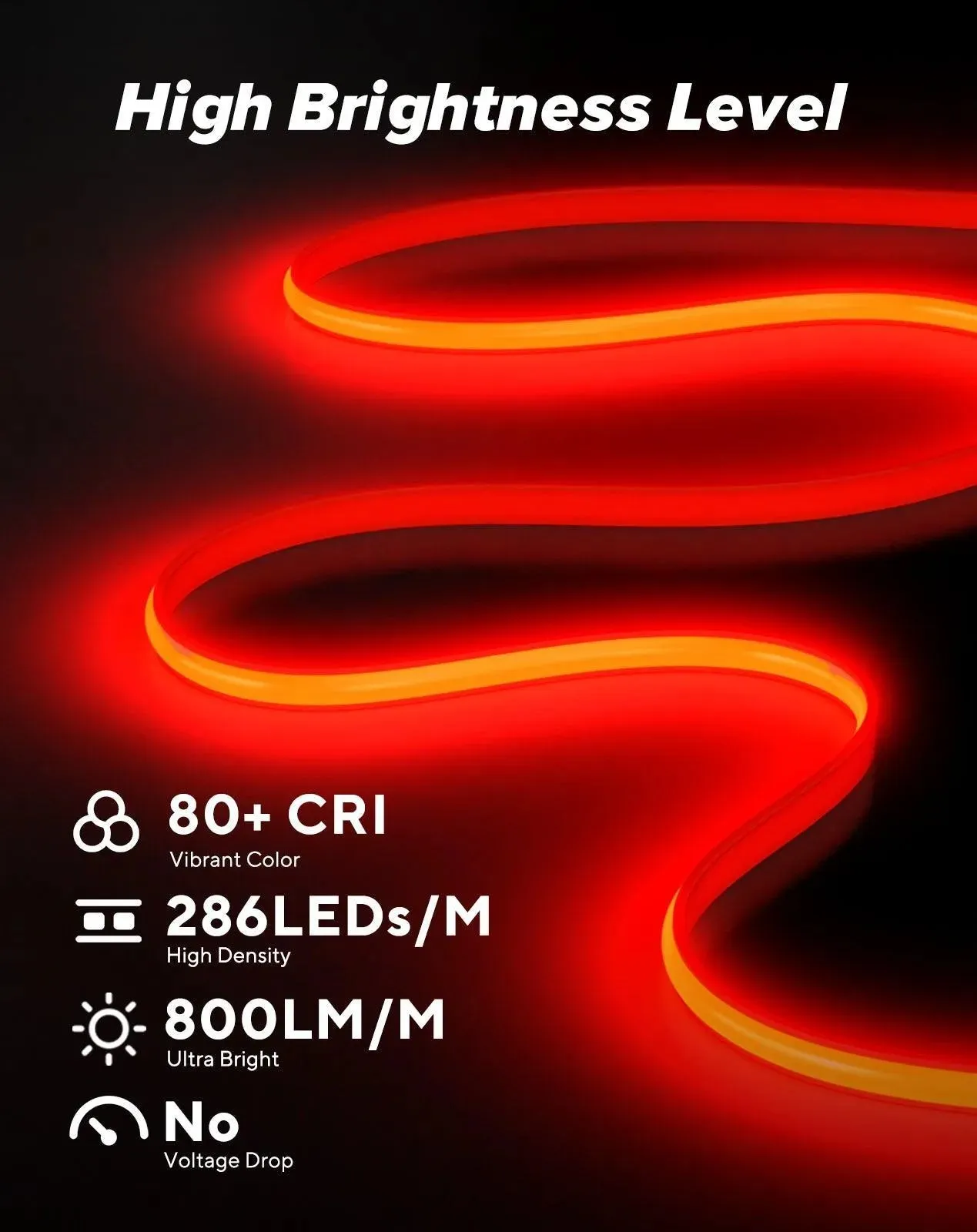 110V Ultra Bright COB LED Neon Rope Light Red Color 800Lumens/M