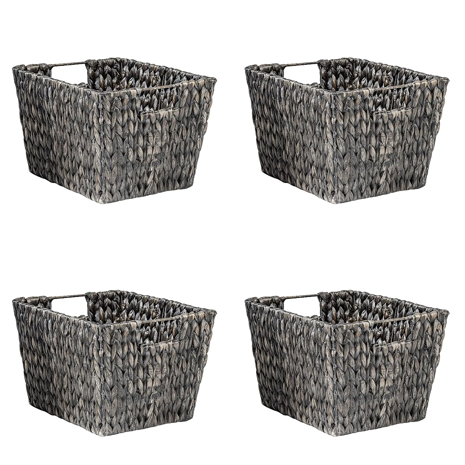 11.5" Hyacinth Storage Basket With Handles, Rectangular (Set Of 4, Black)