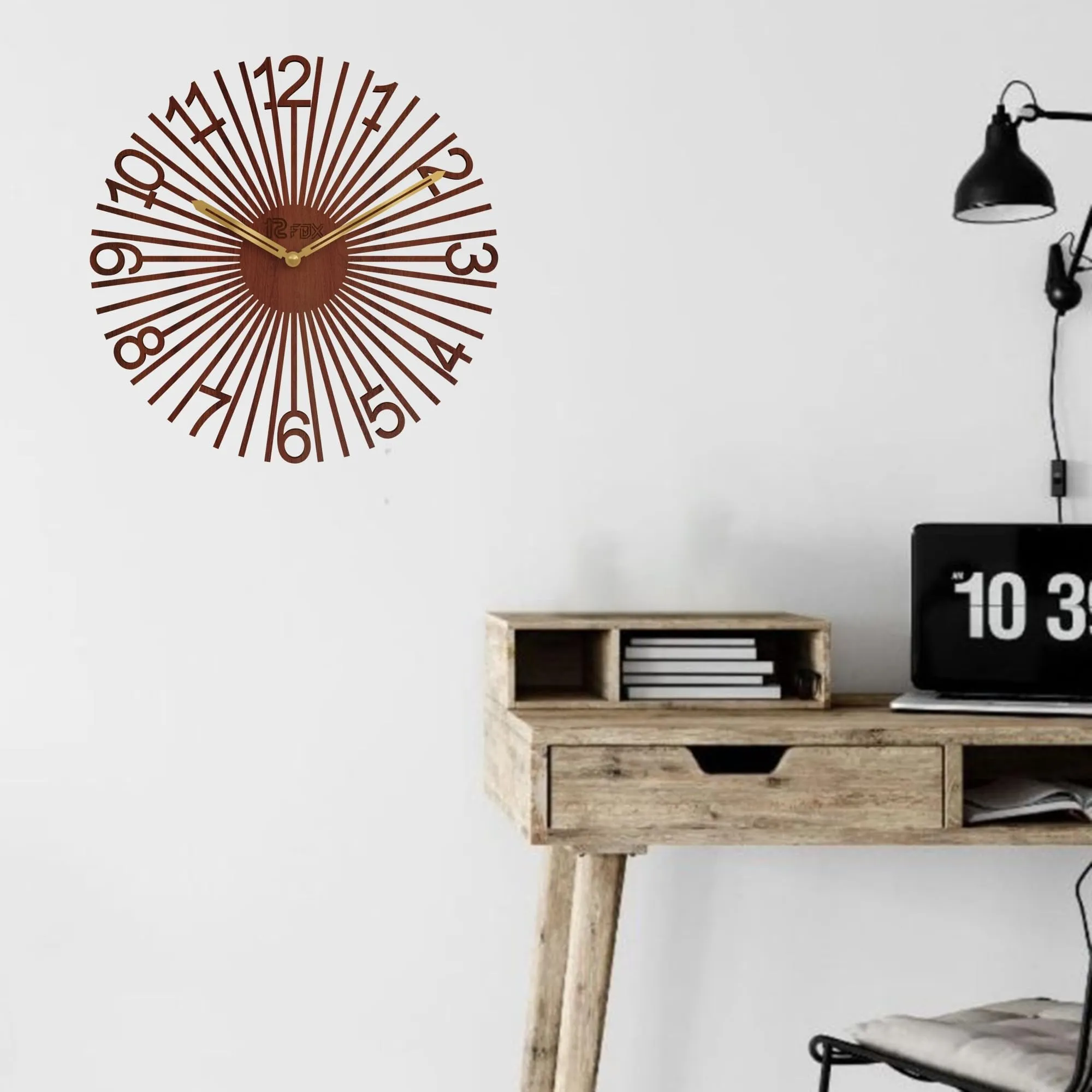 12 FOX Star Design 12 Inch Handcrafted Stylish Elegant Analog Wooden Wall Clock for Living Room Hall Bedroom Office Gifting Dark Brown Textured Wood