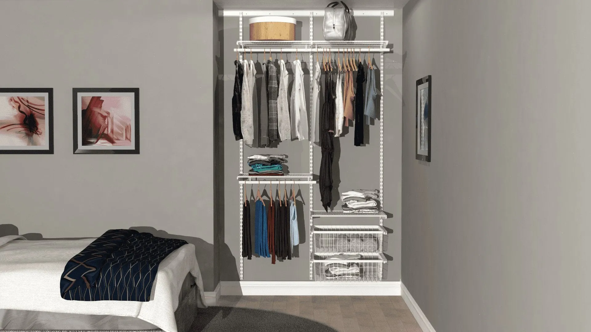 124cm Open Wardrobe System with 2 Baskets, 4 Shelves, and 3 Clothes Rails, 180cm Hanging Space