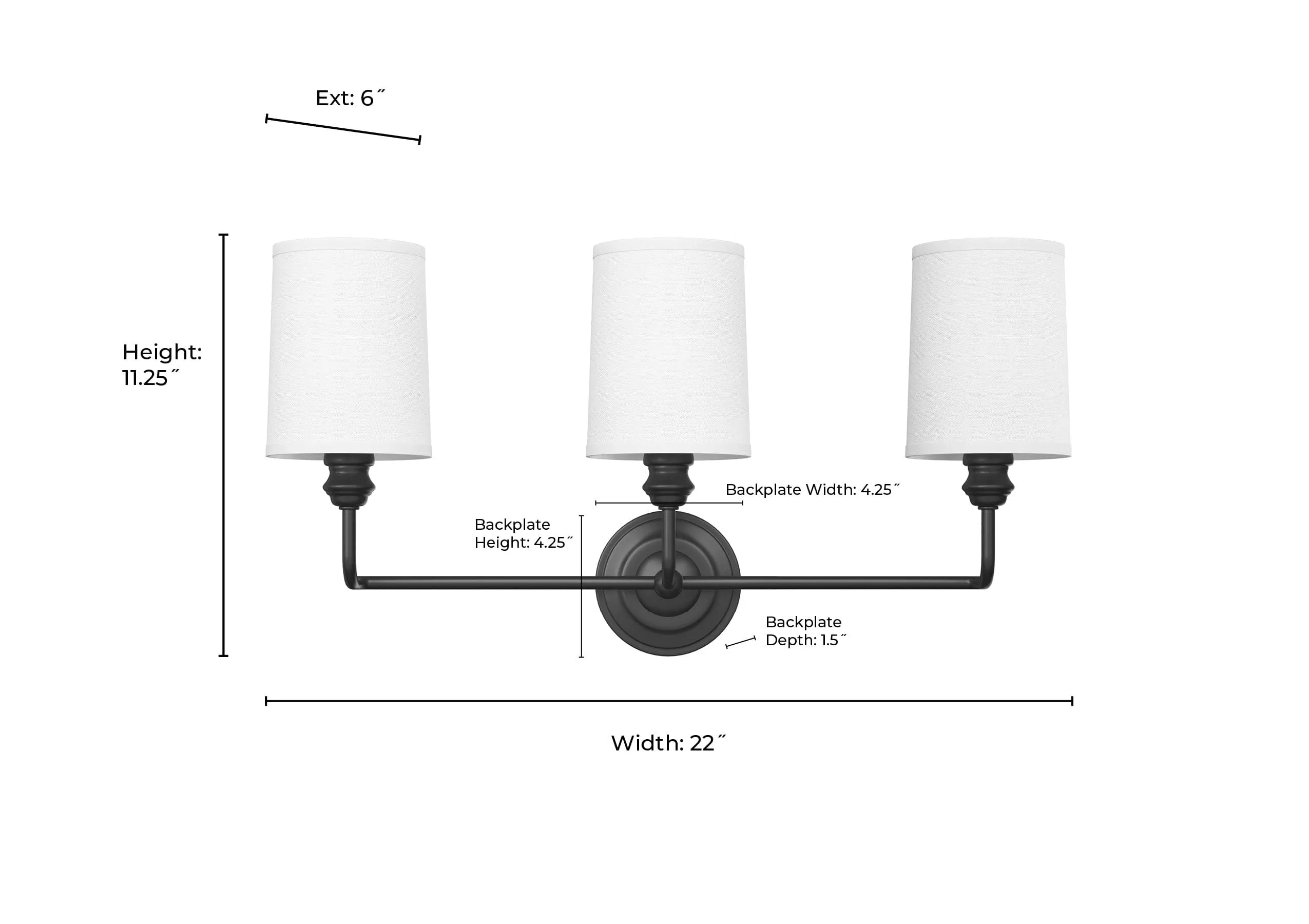 3 Lamps Leena Vanity Light - Matte Black - White Fabric Shade - 22in. Wide