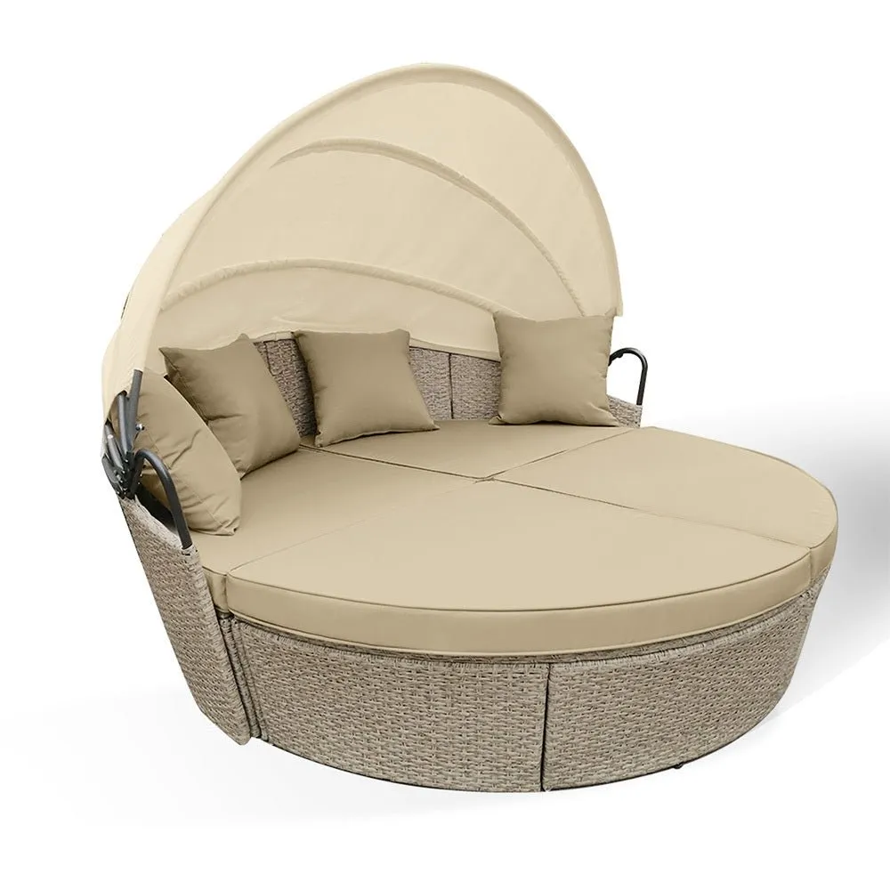 3 Piece Round Wicker Day Bed Lounge With Canopy - Beige