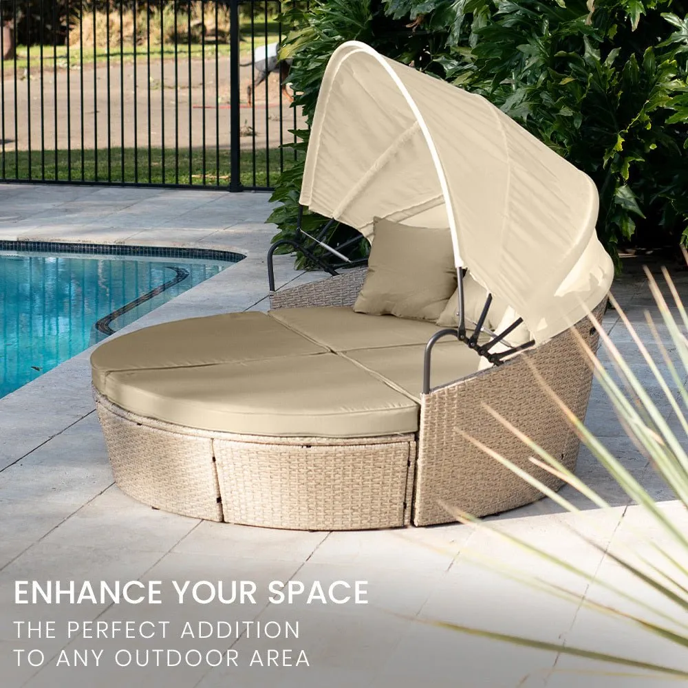 3 Piece Round Wicker Day Bed Lounge With Canopy - Beige
