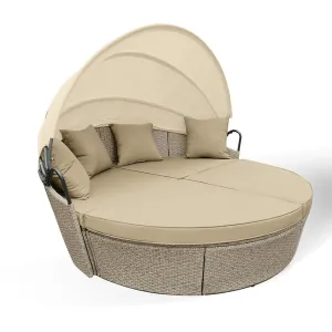 3 Piece Round Wicker Day Bed Lounge With Canopy - Beige