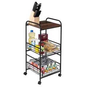 3 Tier Slim Rolling Cart w/ Metal Baskets Black/Natural