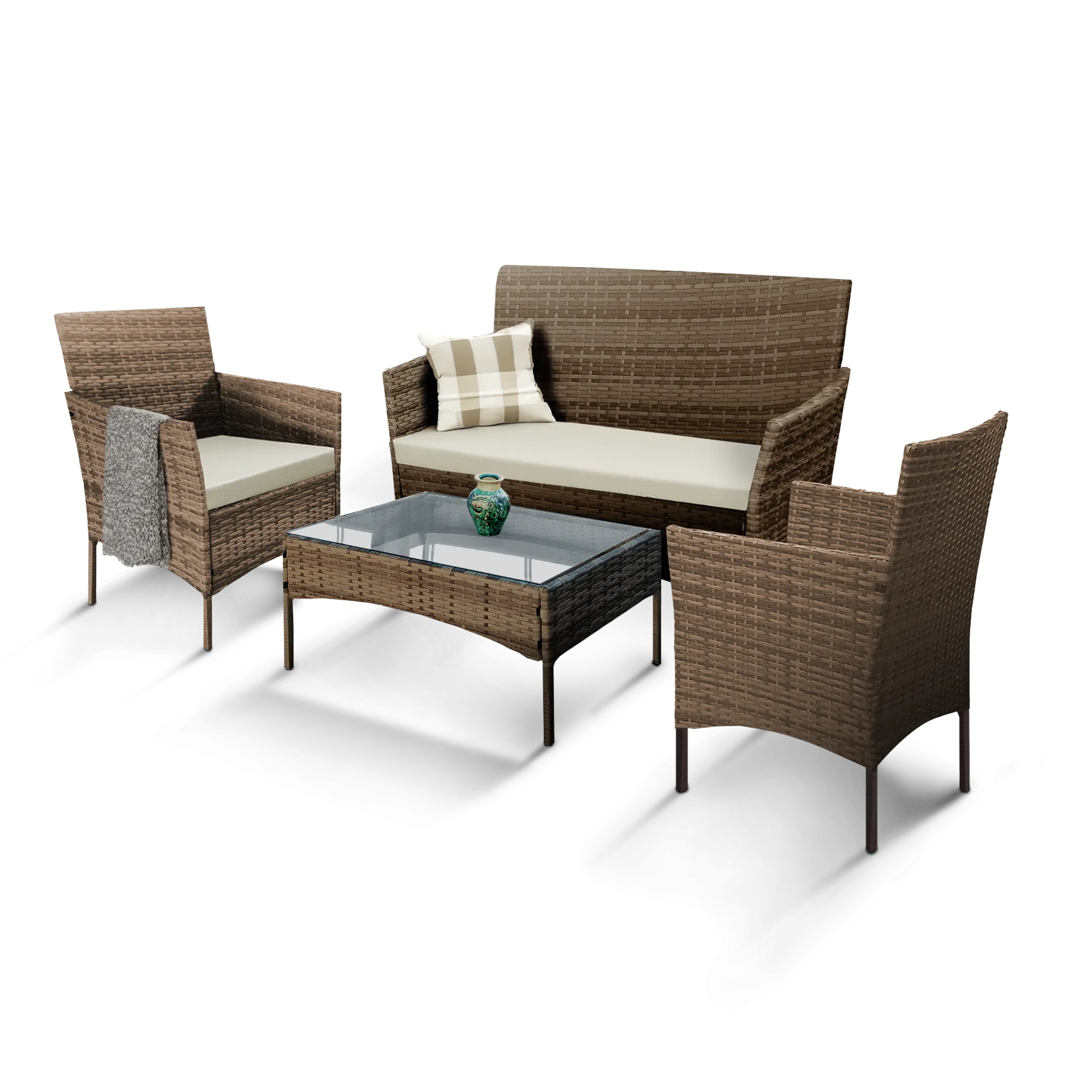 4-Piece Rattan Garden Furniture Set - Outdoor Lounger Sofa, Stackable Chairs & Bistro Table