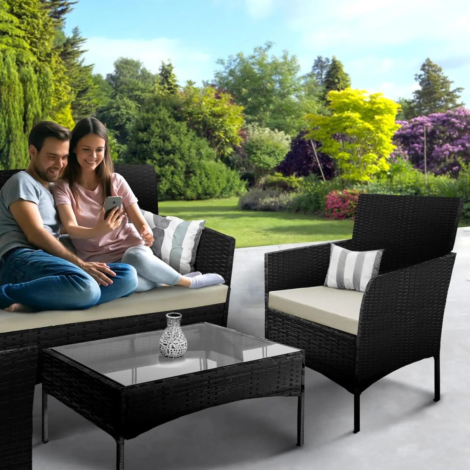 4-Piece Rattan Garden Furniture Set - Outdoor Lounger Sofa, Stackable Chairs & Bistro Table