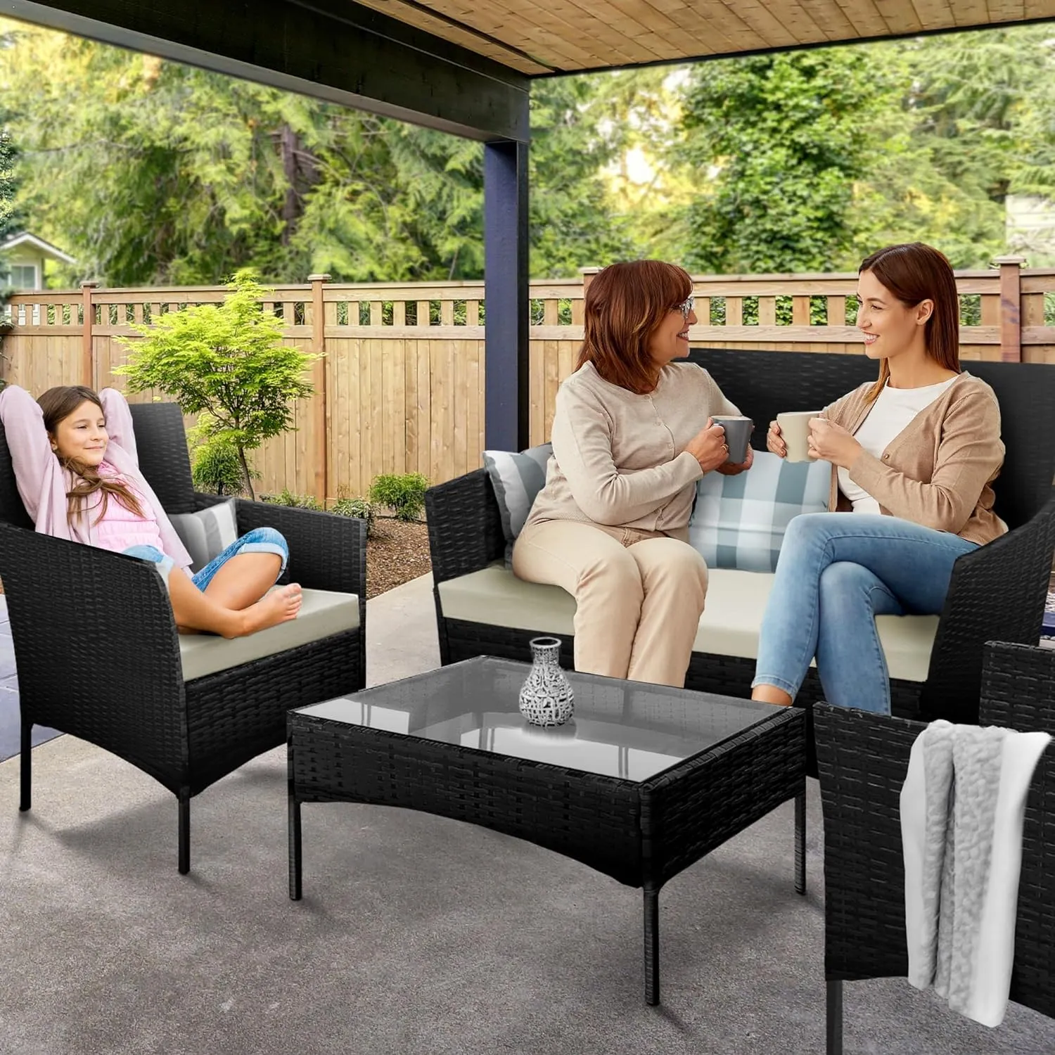 4-Piece Rattan Garden Furniture Set - Outdoor Lounger Sofa, Stackable Chairs & Bistro Table