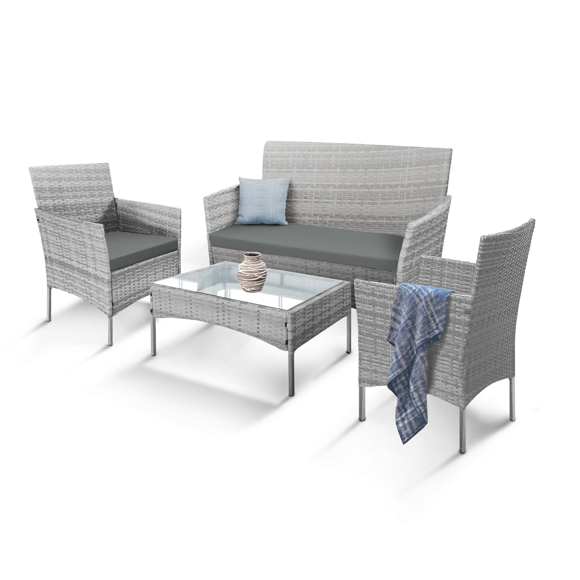 4-Piece Rattan Garden Furniture Set - Outdoor Lounger Sofa, Stackable Chairs & Bistro Table