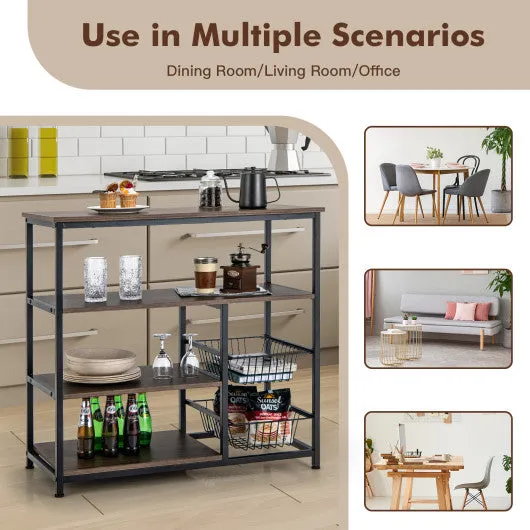 4-Tier Industrial Kitchen Baker's Rack with 2 Wire Baskets-Rustic Brown
