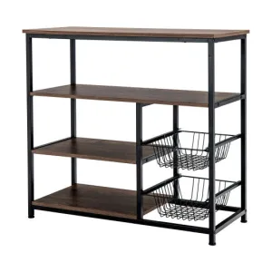 4-Tier Industrial Kitchen Baker's Rack with 2 Wire Baskets-Rustic Brown