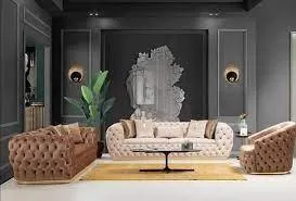 6 Seater Chesterfield Luxurious Velvet Sectional Sofa Set with Cushions (Beige & Brown)