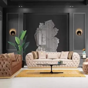 6 Seater Chesterfield Luxurious Velvet Sectional Sofa Set with Cushions (Beige & Brown)