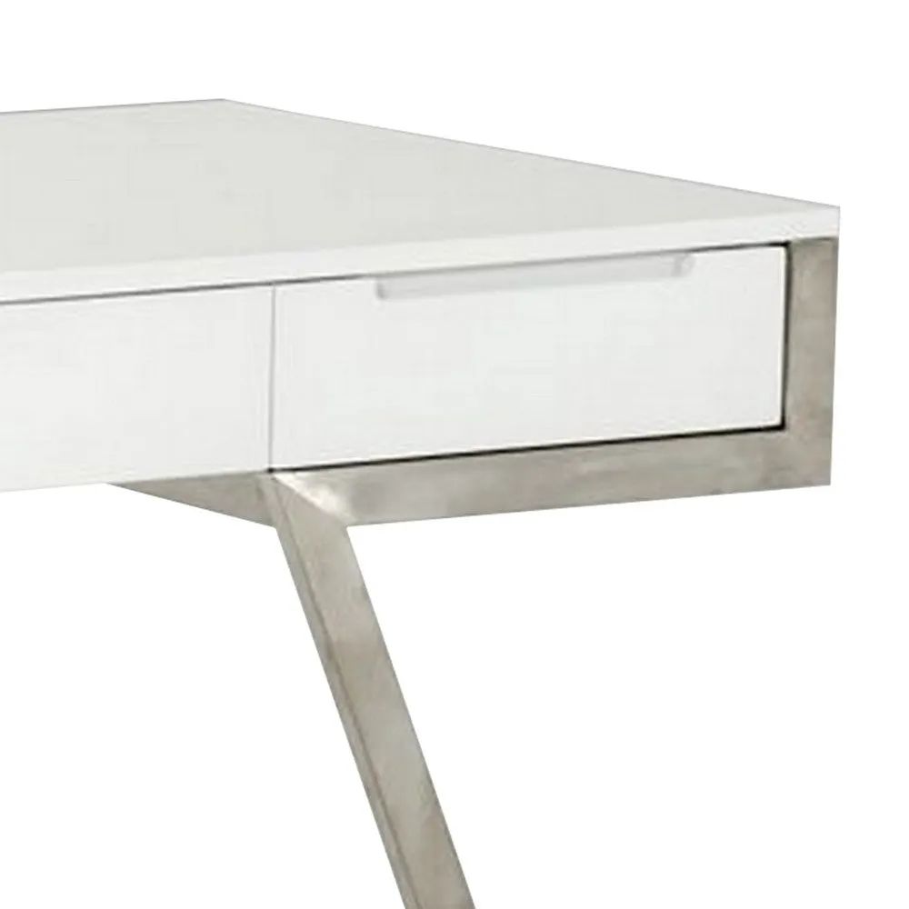 63 Inch Office Desk with a Drawer, White Gloss Finish, Chrome Metal Frame By Casagear Home