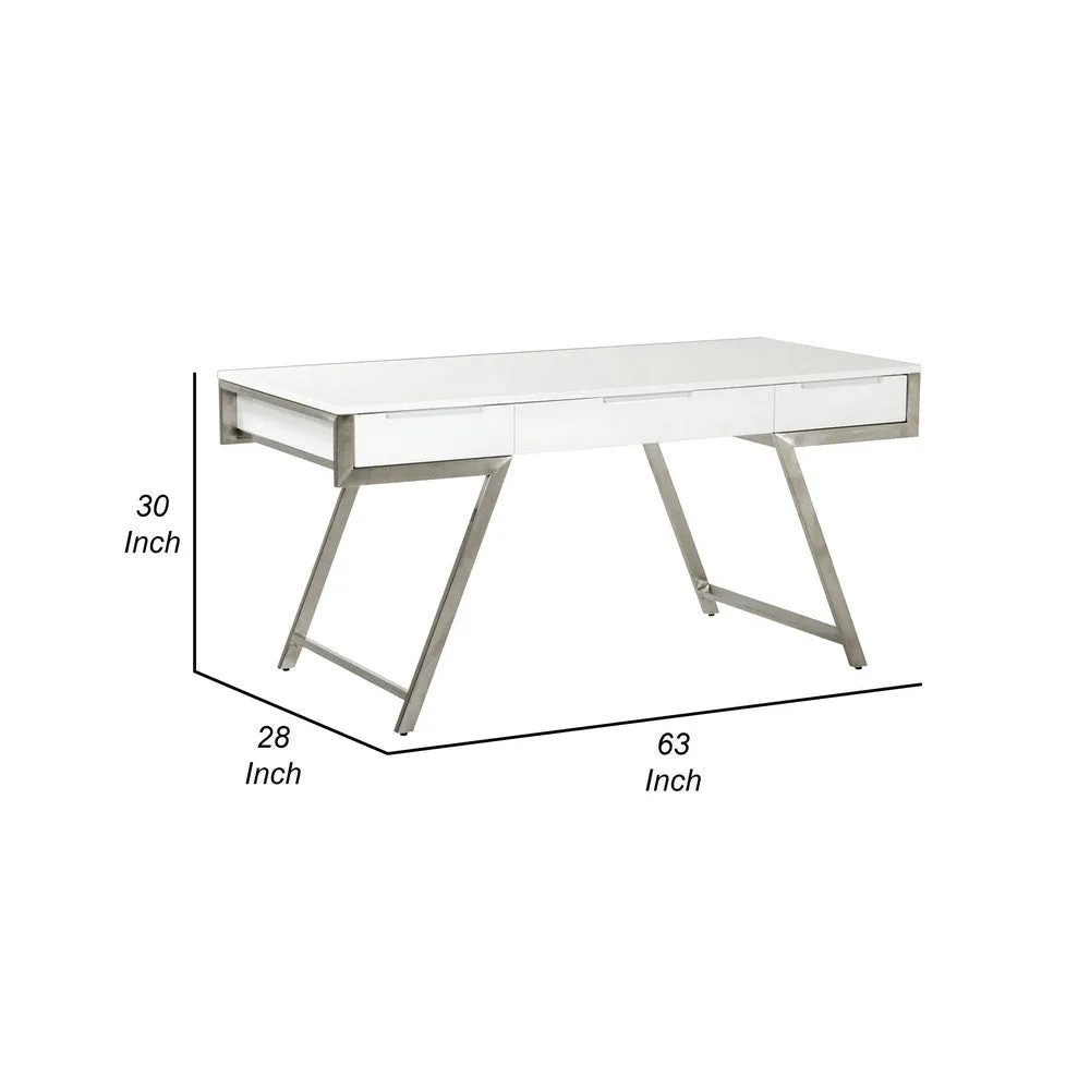 63 Inch Office Desk with a Drawer, White Gloss Finish, Chrome Metal Frame By Casagear Home