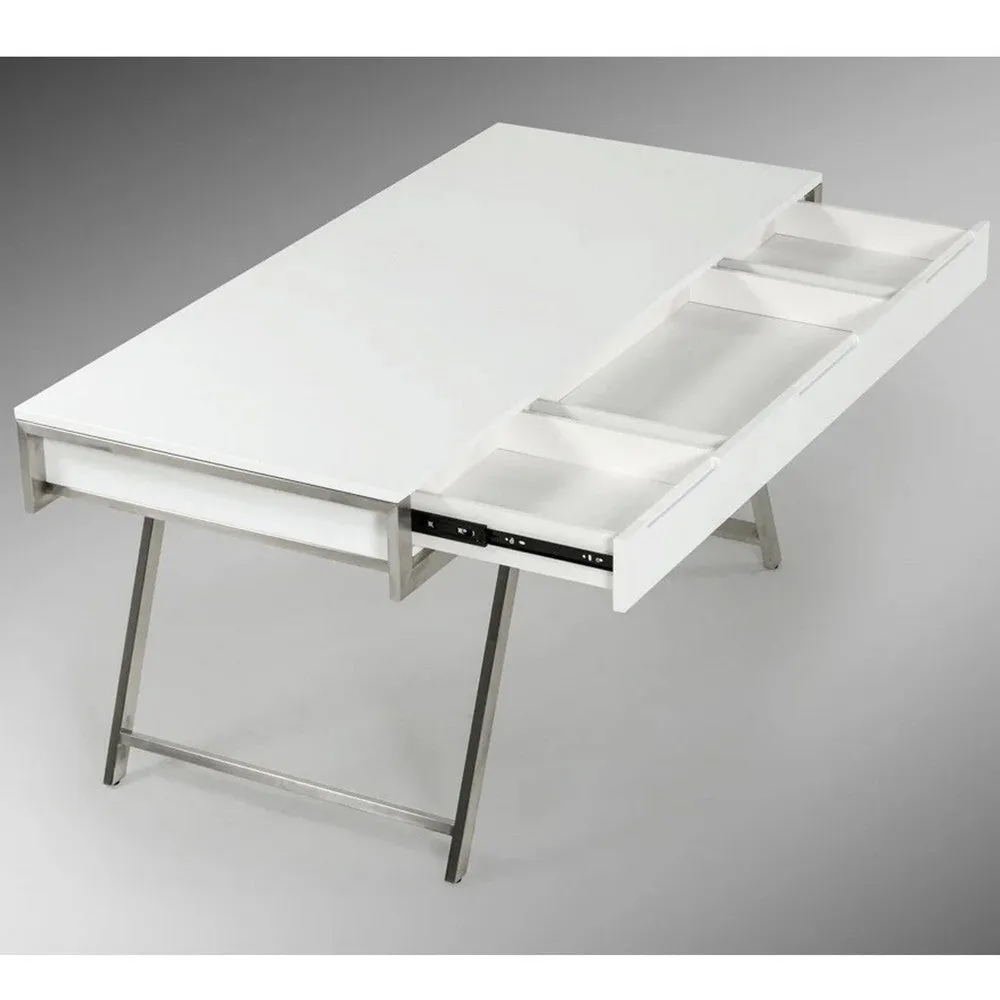 63 Inch Office Desk with a Drawer, White Gloss Finish, Chrome Metal Frame By Casagear Home