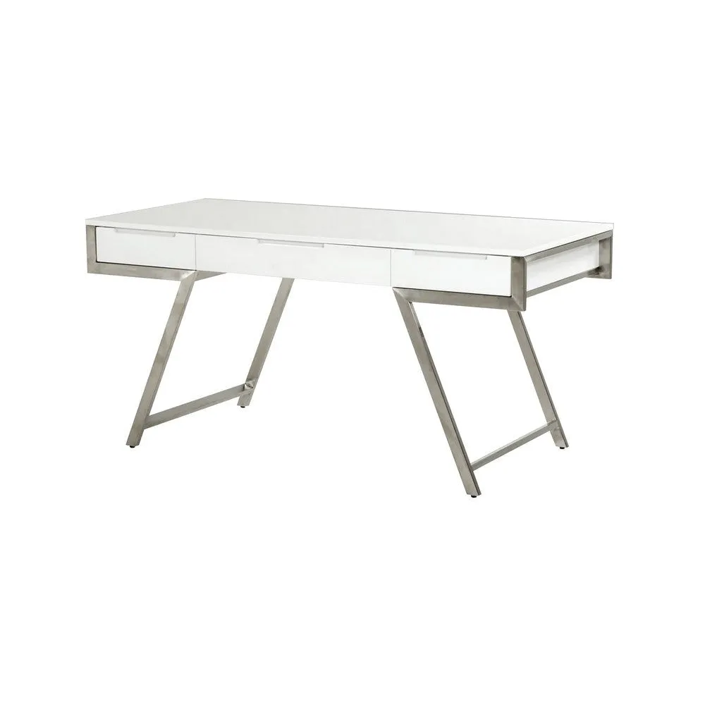 63 Inch Office Desk with a Drawer, White Gloss Finish, Chrome Metal Frame By Casagear Home