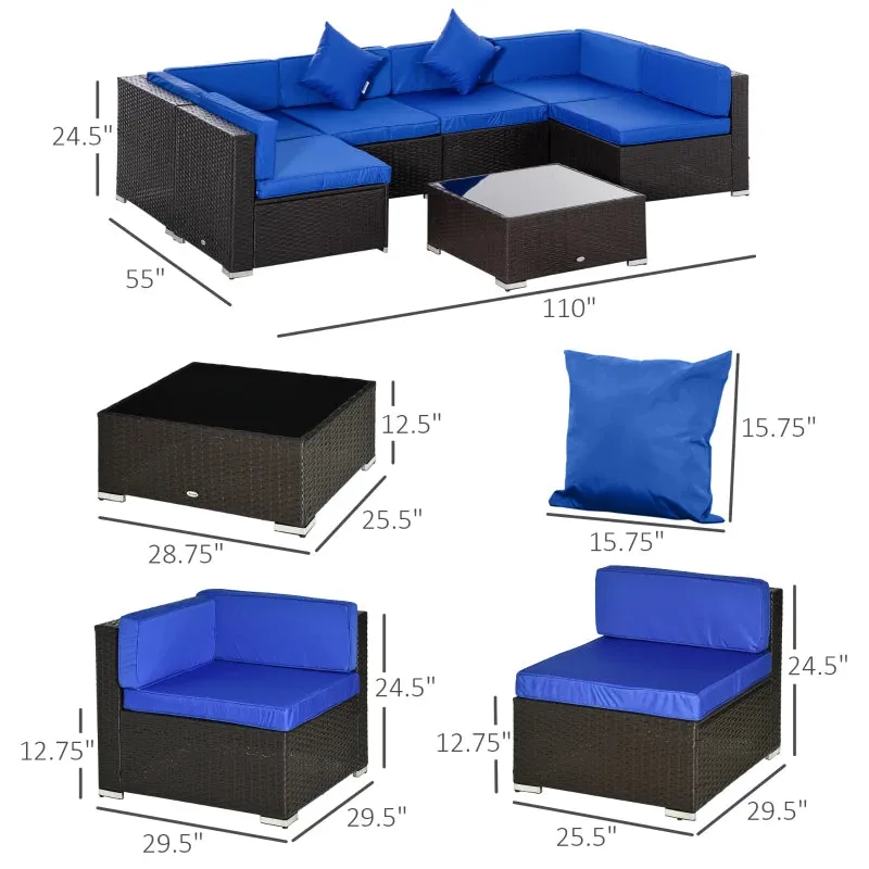 7 PC Blue Conversation Patio Furniture Set - Includes Glass Table- Model 860-020BU