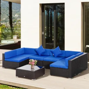 7 PC Blue Conversation Patio Furniture Set - Includes Glass Table- Model 860-020BU