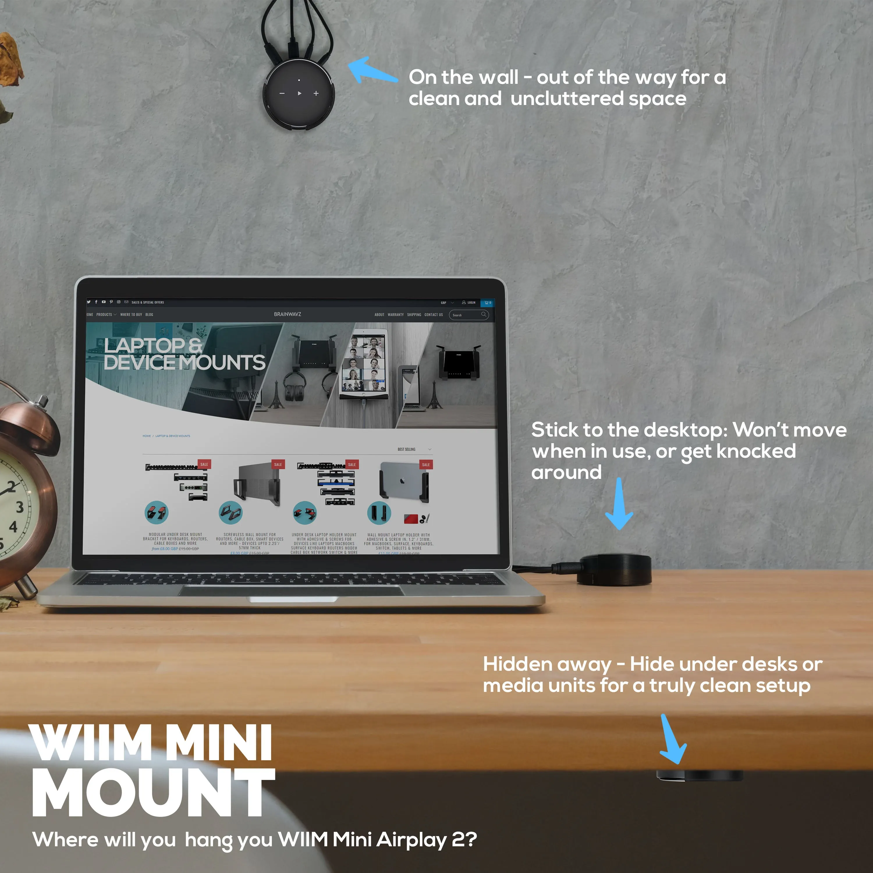 Adhesive Wall & Under Desk Mount Hanger for WiiM Mini AirPlay 2, Strong VHB Self-Adhesive Tape, Easy To Install Holder