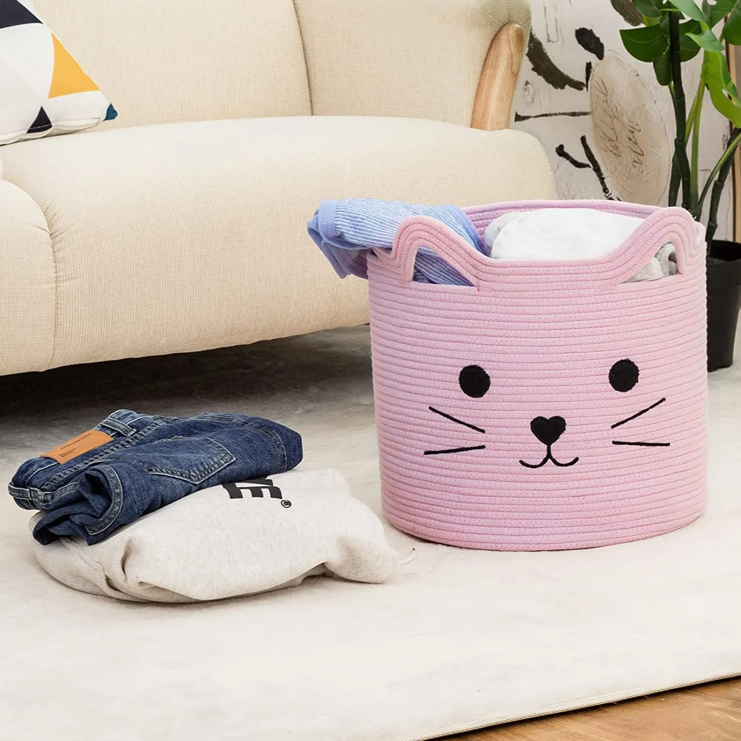ALBY® Cat Toy Baskets Cotton Rope Animal Baskets Pink Laundry Baskets For Toys, Clothes,Gifts,Towels, Blankets,Pet Bed Pink Laundry Hamper for Organizing Kawaii Laundry Basket 15''x14''