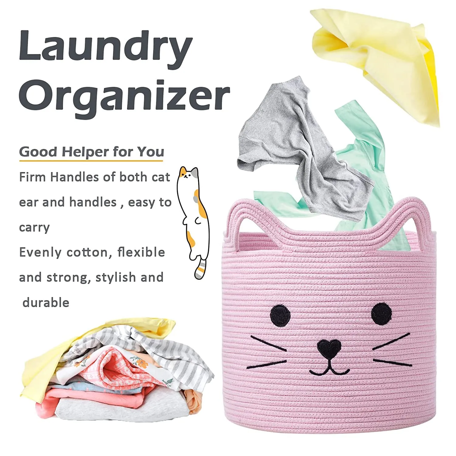 ALBY® Cat Toy Baskets Cotton Rope Animal Baskets Pink Laundry Baskets For Toys, Clothes,Gifts,Towels, Blankets,Pet Bed Pink Laundry Hamper for Organizing Kawaii Laundry Basket 15''x14''