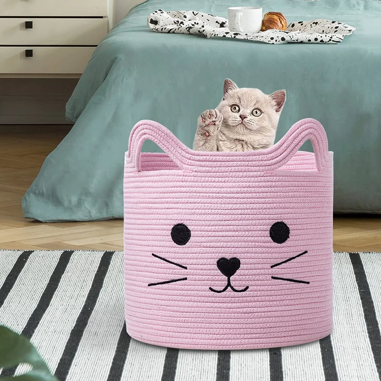 ALBY® Cat Toy Baskets Cotton Rope Animal Baskets Pink Laundry Baskets For Toys, Clothes,Gifts,Towels, Blankets,Pet Bed Pink Laundry Hamper for Organizing Kawaii Laundry Basket 15''x14''