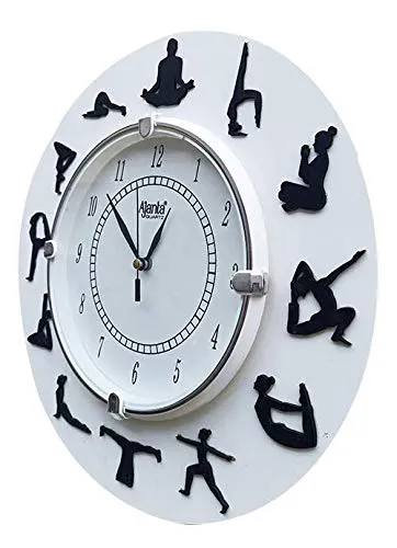 Angira handicrafts Wooden Yoga Pattern Wall Clocks (White, 32cmx32cmx3.5cm)