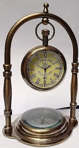 Antique Brass Desk & Shelf Clock with Compass Base, Vintage Look Table Clock, Style Maritime Ship Desk Gift, Table Clock, Brass Desk Clock (Roman Dial)