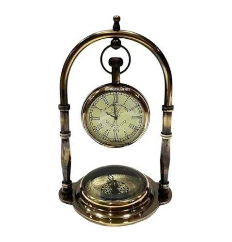 Antique Brass Desk & Shelf Clock with Compass Base, Vintage Look Table Clock, Style Maritime Ship Desk Gift, Table Clock, Brass Desk Clock (Roman Dial)