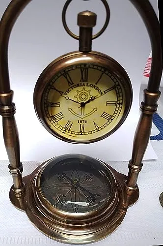 Antique Brass Desk & Shelf Clock with Compass Base, Vintage Look Table Clock, Style Maritime Ship Desk Gift, Table Clock, Brass Desk Clock (Roman Dial)