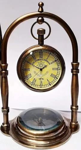 Antique Brass Desk & Shelf Clock with Compass Base, Vintage Look Table Clock, Style Maritime Ship Desk Gift, Table Clock, Brass Desk Clock (Roman Dial)