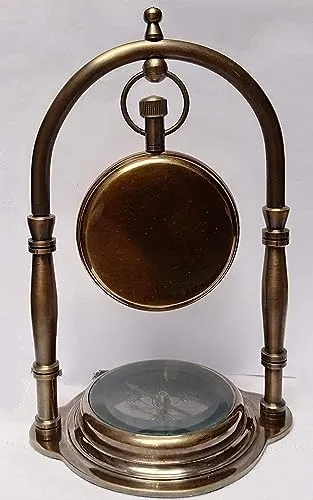 Antique Brass Desk & Shelf Clock with Compass Base, Vintage Look Table Clock, Style Maritime Ship Desk Gift, Table Clock, Brass Desk Clock (Roman Dial)