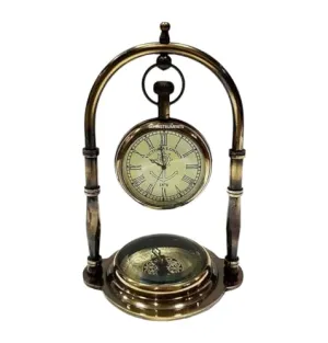 Antique Brass Desk & Shelf Clock with Compass Base, Vintage Look Table Clock, Style Maritime Ship Desk Gift, Table Clock, Brass Desk Clock (Roman Dial)