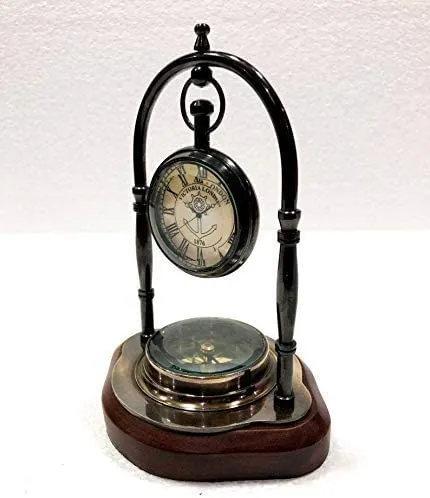 Antique Brass Table Clock Compass Style Nautical Maritime Ship Desk Clock Office Decor