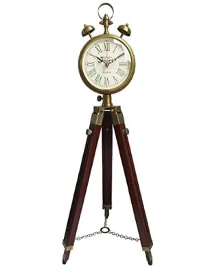 Antique Brass Vintage Style Wooden Tripod Floor Analog Clock with Brass Accents Roman Numerals Bell Prop Stand