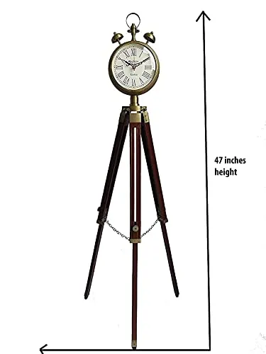 Antique Brass Vintage Style Wooden Tripod Floor Analog Clock with Brass Accents Roman Numerals Bell Prop Stand