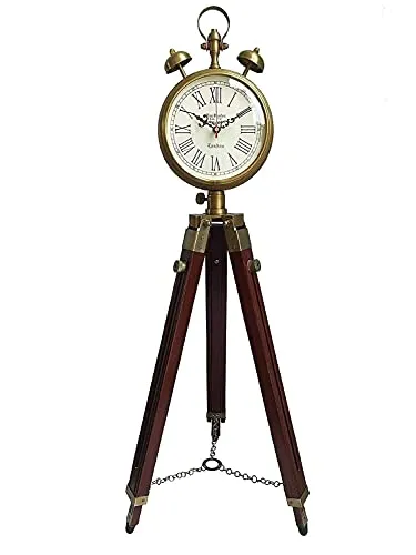 Antique Brass Vintage Style Wooden Tripod Floor Analog Clock with Brass Accents Roman Numerals Bell Prop Stand