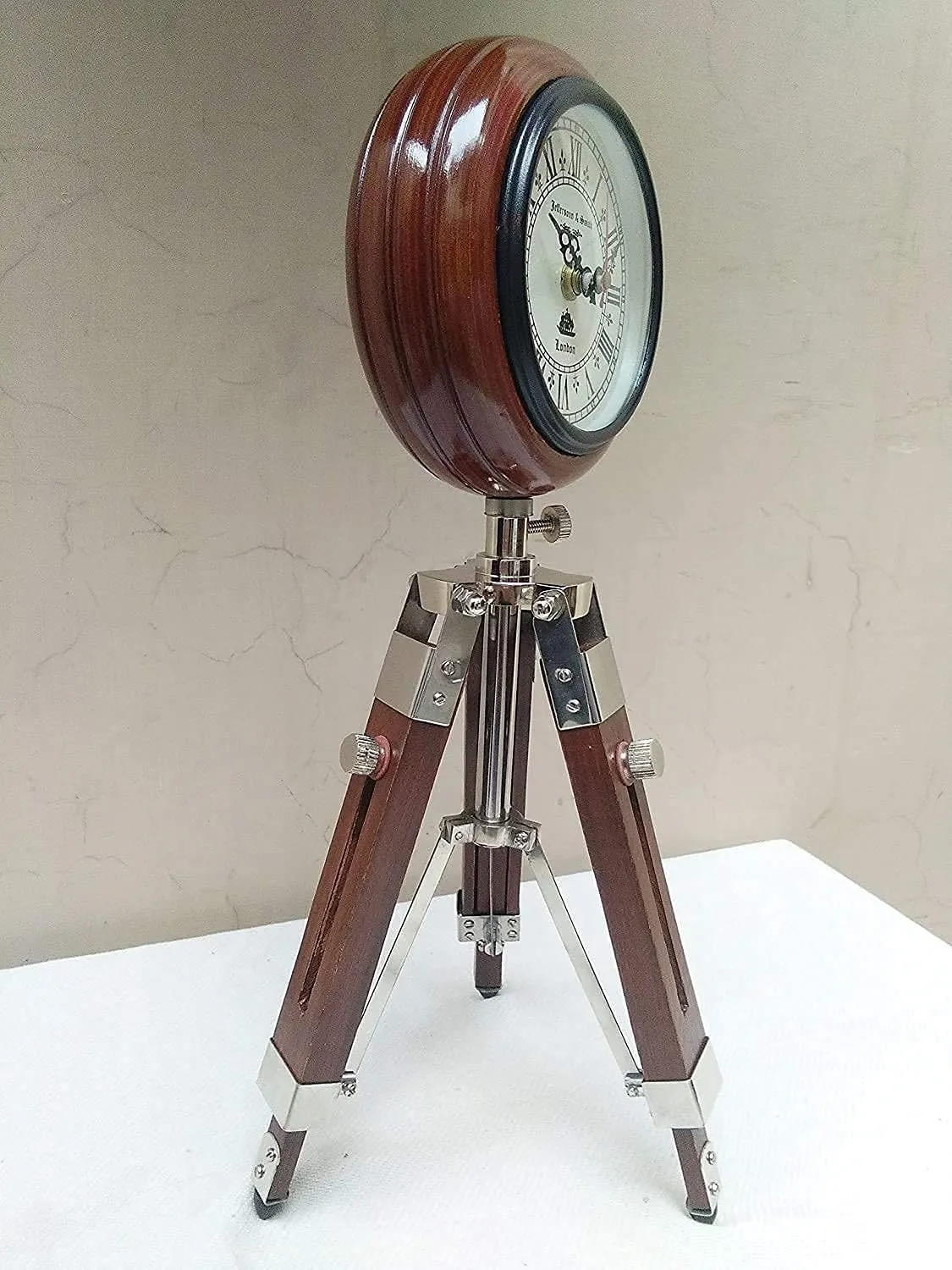 Antique Nautical Tripod Stand Clock Steel Finish Table Clock Vintage Style Wood Brown