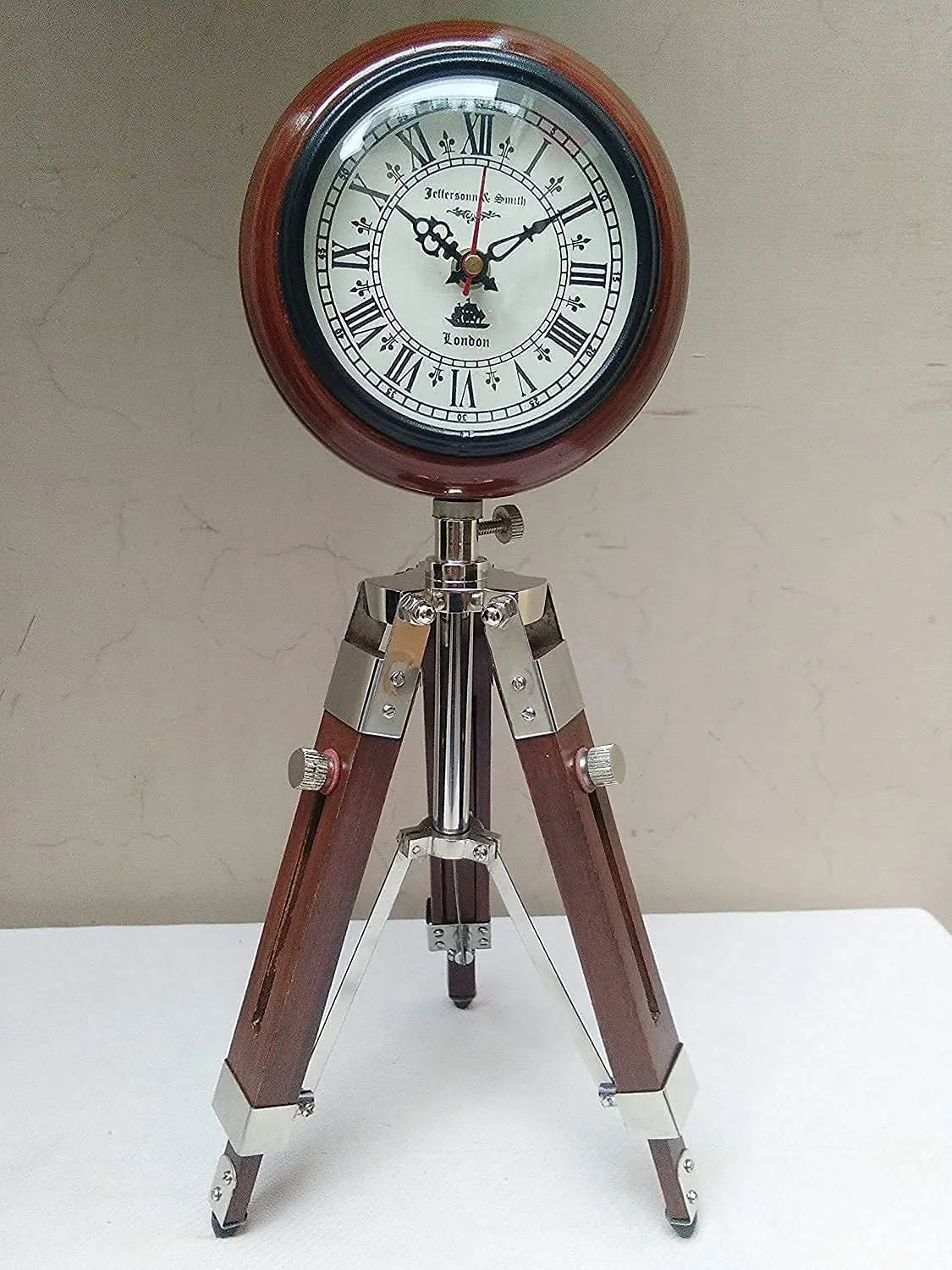 Antique Nautical Tripod Stand Clock Steel Finish Table Clock Vintage Style Wood Brown