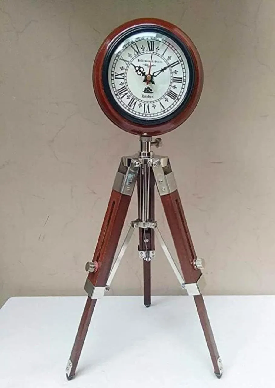 Antique Nautical Tripod Stand Clock Steel Finish Table Clock Vintage Style Wood Brown