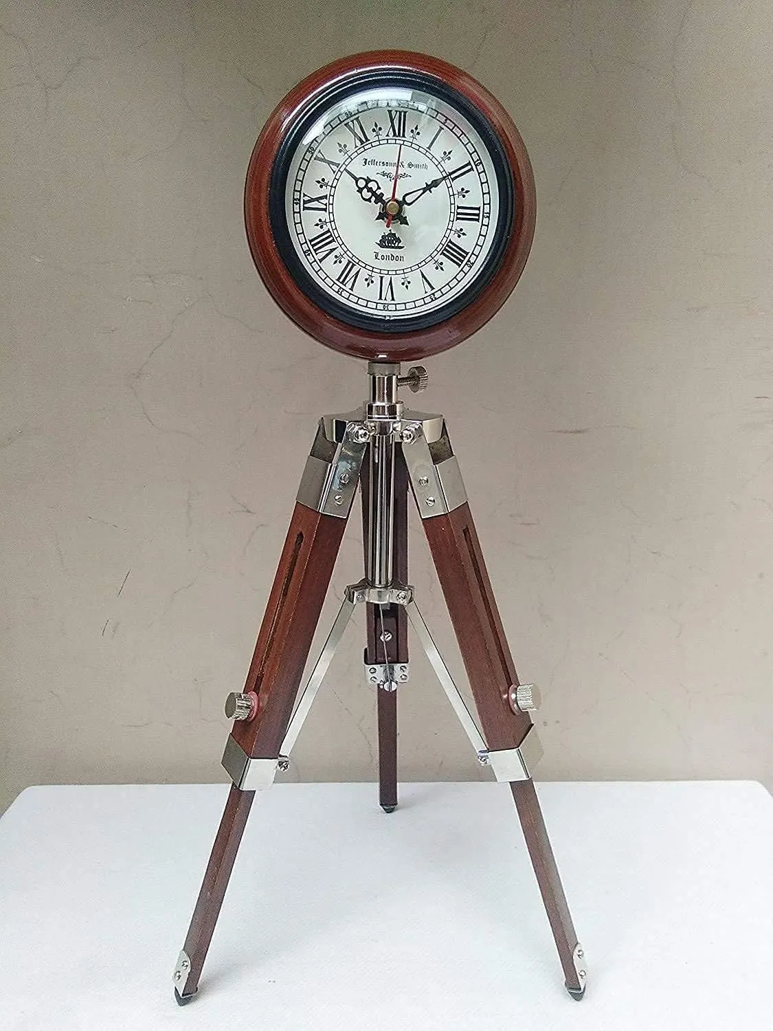 Antique Nautical Tripod Stand Clock Steel Finish Table Clock Vintage Style Wood Brown