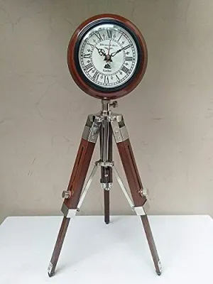 Antique Nautical Tripod Stand Clock Steel Finish Table Clock Vintage Style Wood Brown