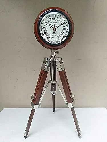 Antique Nautical Tripod Stand Clock Steel Finish Table Clock Vintage Style Wood Brown
