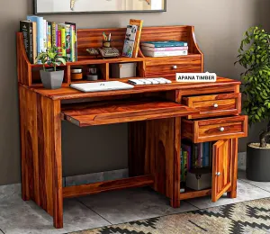 Apana Timber Solid Sheesham Wooden Study Table for Home and Office with Drawer and Cabinet Storage || Study Desk || Writing Table || Computer Table | Desktop Table (Natural Honey Finish)