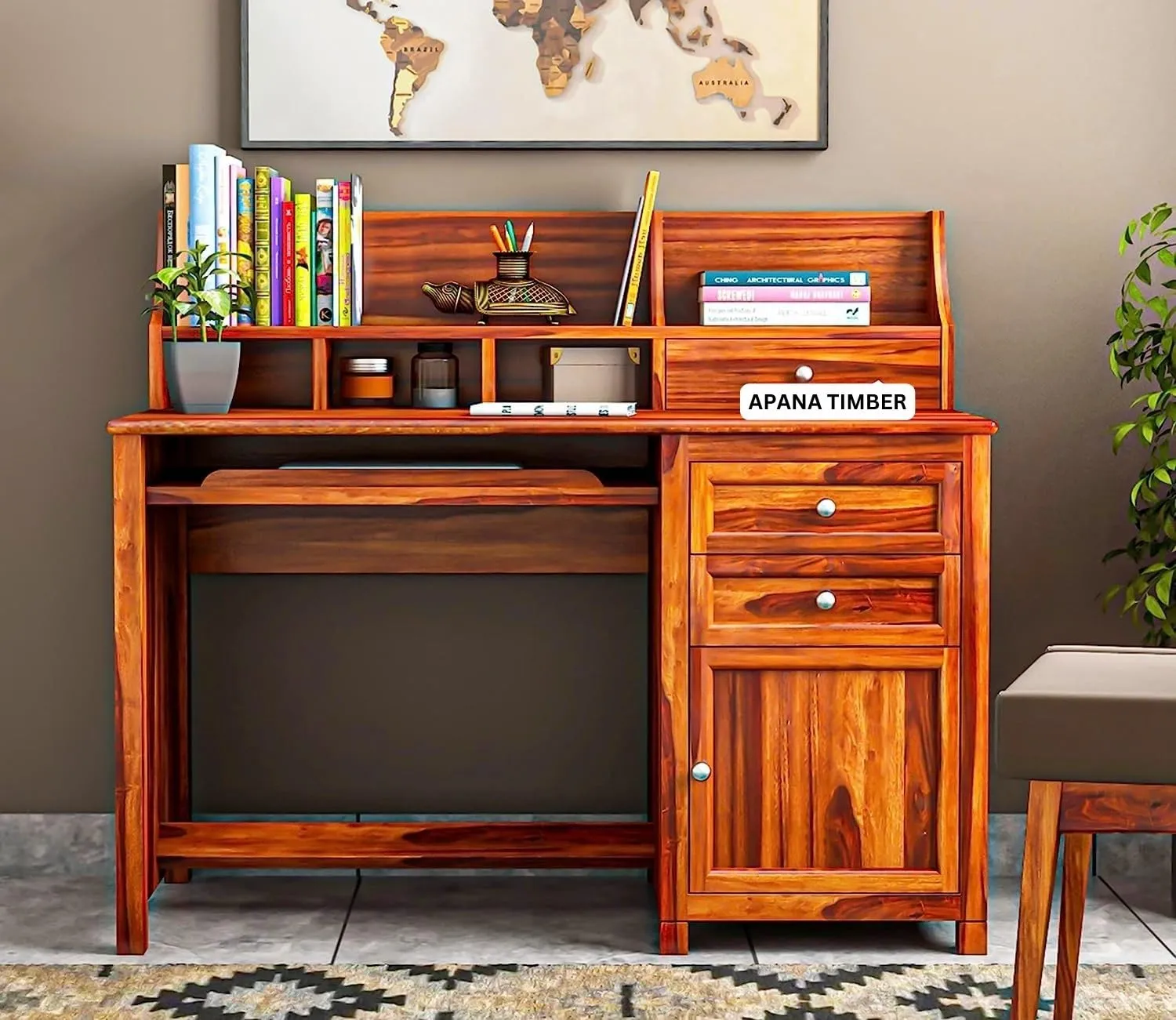 Apana Timber Solid Sheesham Wooden Study Table for Home and Office with Drawer and Cabinet Storage || Study Desk || Writing Table || Computer Table | Desktop Table (Natural Honey Finish)