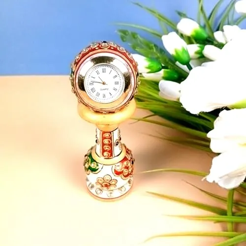 Apka Mart The Online Shop Marble Pillar Clock/Watch with Meenakari Work - Detachable Globe Design Clock - for Home, Living Room, Study Table, Desk, Office Decor & Gifts - 6 Inch