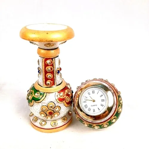 Apka Mart The Online Shop Marble Pillar Clock/Watch with Meenakari Work - Detachable Globe Design Clock - for Home, Living Room, Study Table, Desk, Office Decor & Gifts - 6 Inch