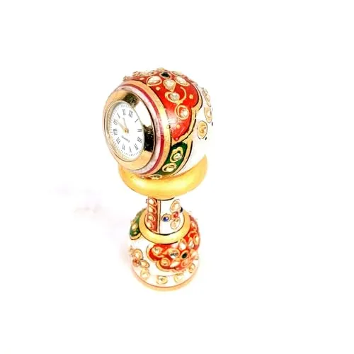 Apka Mart The Online Shop Marble Pillar Clock/Watch with Meenakari Work - Detachable Globe Design Clock - for Home, Living Room, Study Table, Desk, Office Decor & Gifts - 6 Inch